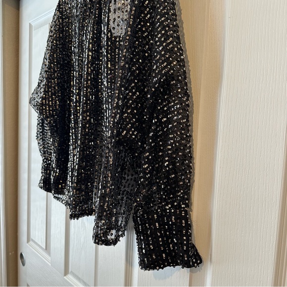 New Zara $69 Tied Collar Gold Sequin Semi Sheer Blouse 9127/572 Small - Picture 9 of 14